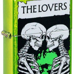 Sharp Lurid Green Lovers Tarot Skull Zippo Lighter